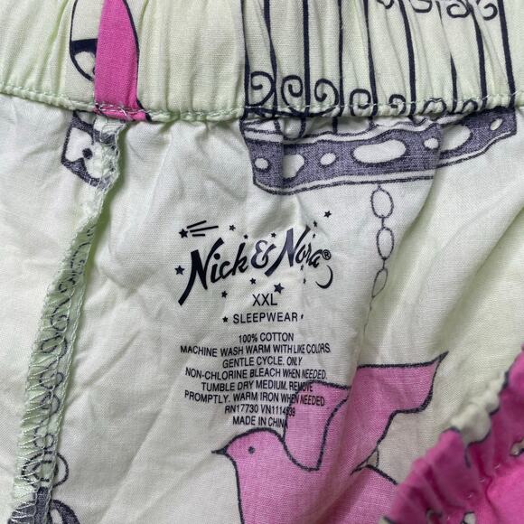 Nick & Nora Green Birds and Birdcage Print Pajama Top and Bottom Set XXL Cotton - Picture 7 of 7